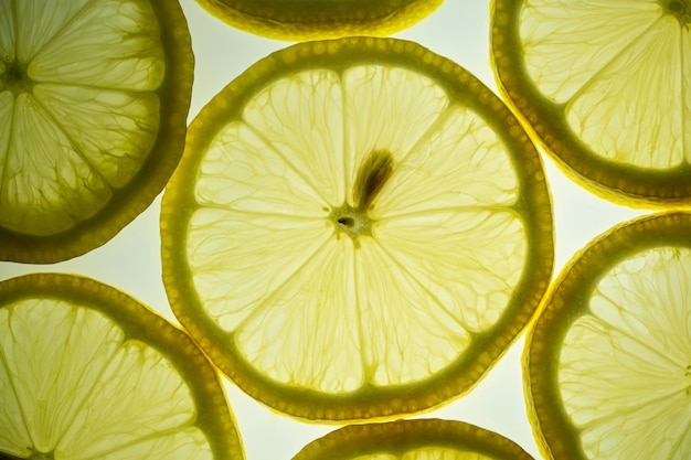 Seção transversal transparente de limão suculento e limão fundo de frutas cítricas em uma mesa de luz