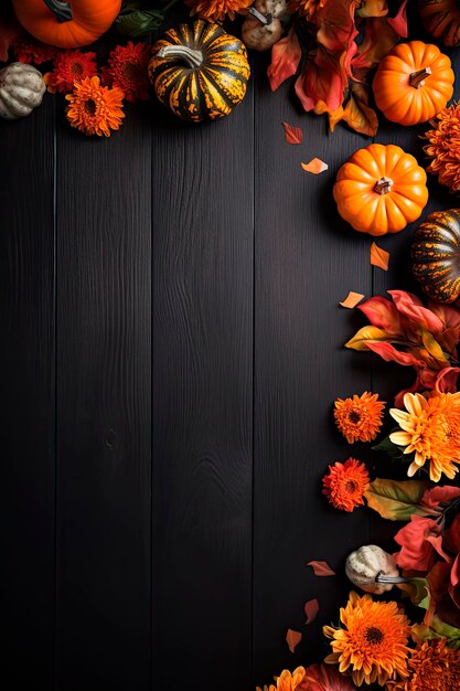 Seleção de várias abóboras em fundo escuro de madeira com espaço de cópia Legumes de outono e decorações sazonais