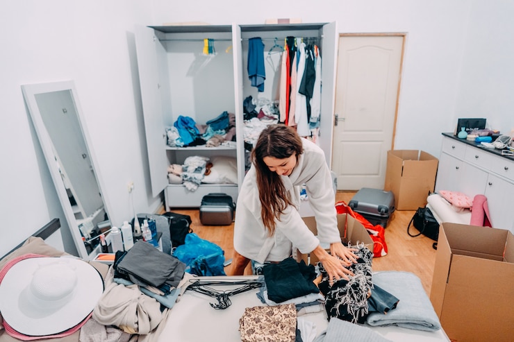 Foto grátis senhora de aparência agradável dentro do apartamento moderno, prepare-se para viajar