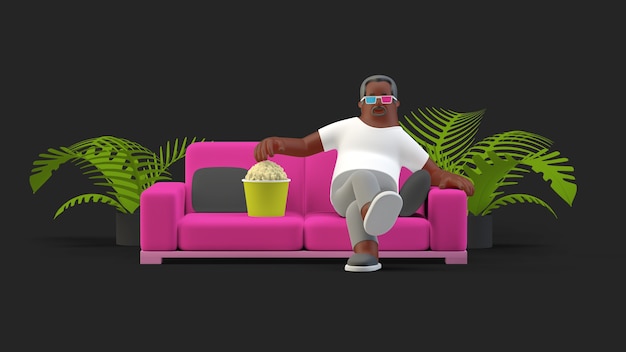 Foto grátis sentado no sofá com óculos 3d comendo pipoca assistindo videogame 3d