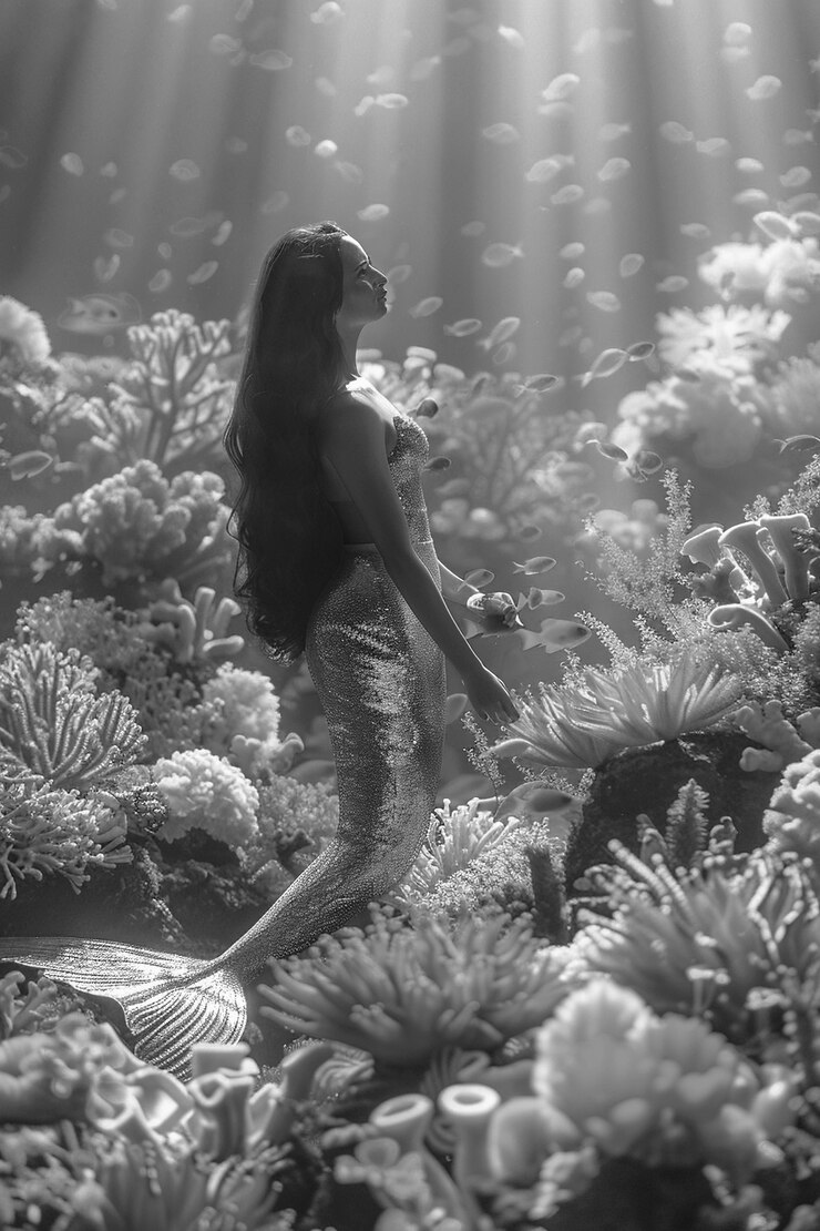 Foto grátis sereia preta e branca na água