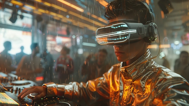 Foto grátis set futurista com dj encarregado da música usando óculos de realidade virtual