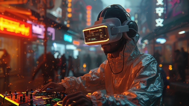 Set futurista com DJ encarregado da música usando óculos de realidade virtual