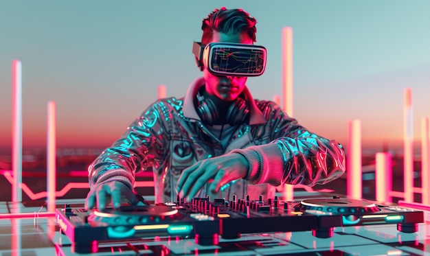 Set futurista com DJ encarregado da música usando óculos de realidade virtual