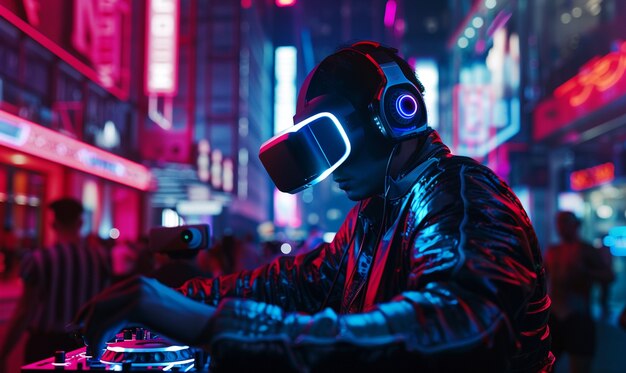 Set futurista com DJ encarregado da música usando óculos de realidade virtual