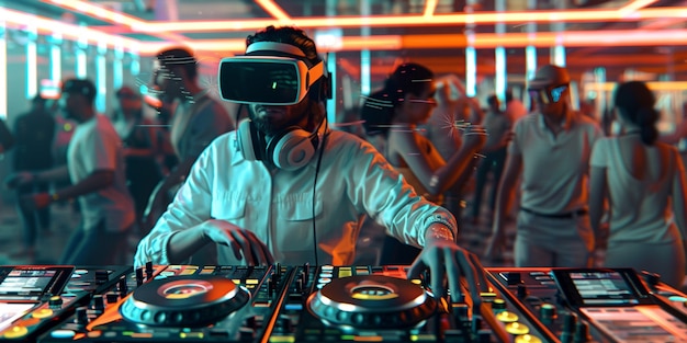 Set futurista com DJ encarregado da música usando óculos de realidade virtual