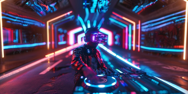 Foto grátis set futurista com dj encarregado da música usando óculos de realidade virtual