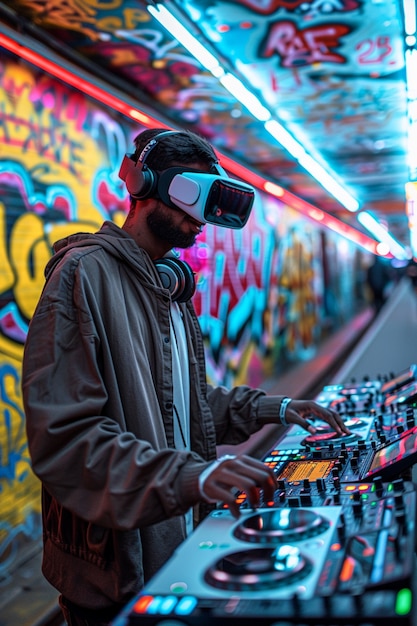 Set futurista com DJ encarregado da música usando óculos de realidade virtual