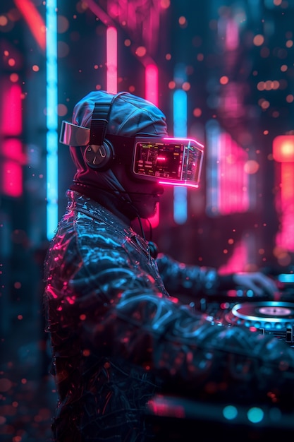 Foto grátis set futurista com dj encarregado da música usando óculos de realidade virtual