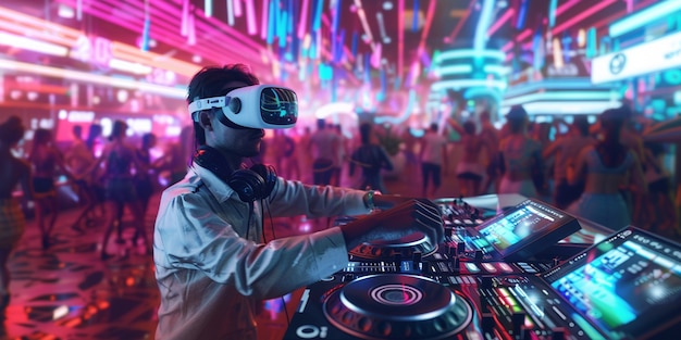 Foto grátis set futurista com dj encarregado da música usando óculos de realidade virtual