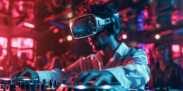 Foto grátis set futurista com dj encarregado da música usando óculos de realidade virtual