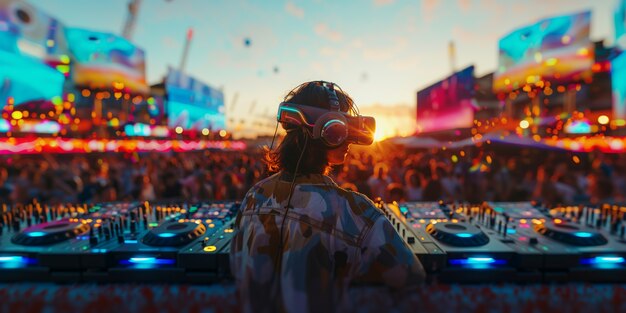 Set futurista com DJ encarregado da música usando óculos de realidade virtual