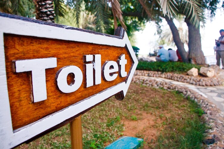 Foto grátis seta de madeira com letras 'wc' está antes da árvore