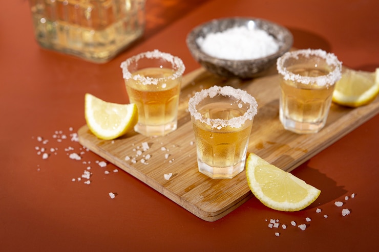 Shots de tequila com arranjo de sal alto ângulo