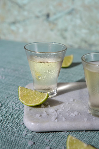 Shots de tequila de alto ângulo e arranjo de limão