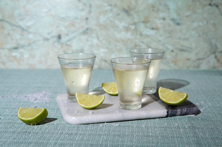Foto grátis shots de tequila de alto ângulo e limão