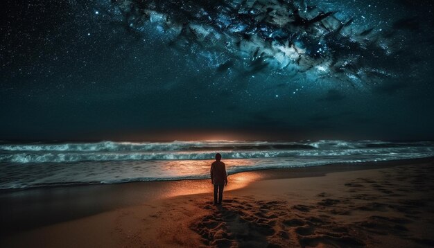 Silhueta caminhando na areia admirando a Via Láctea gerada por IA