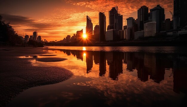 Silhueta de arranha-céus contra o colorido pôr do sol à beira-mar gerado por IA