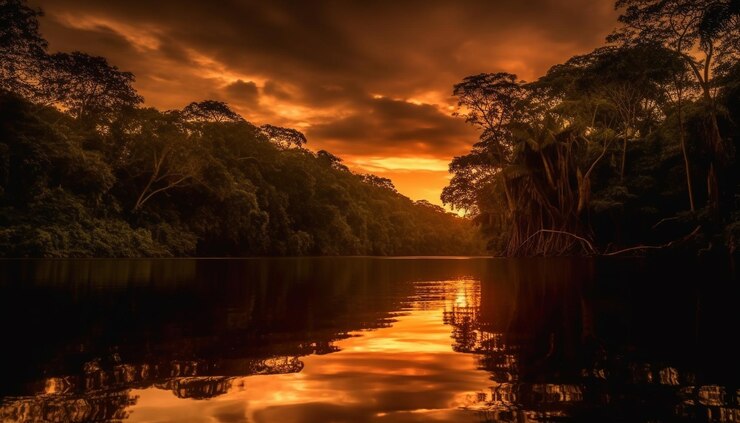 Foto grátis silhueta de árvore contra o céu laranja do pôr do sol gerado por ia