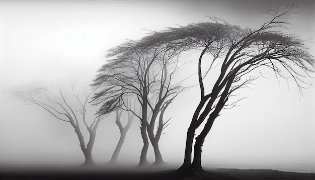 Silhueta de árvore em IA geradora de paisagem nebulosa assustadora