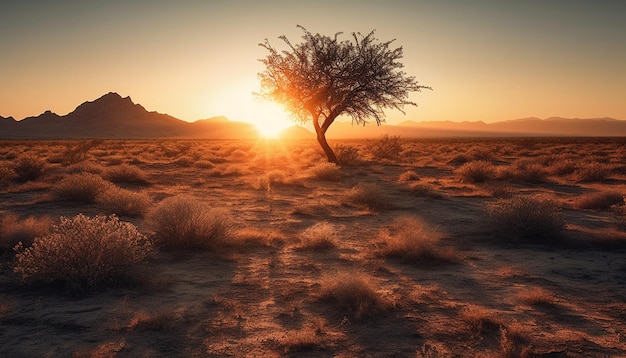 Silhueta de árvore na duna de areia ao pôr do sol gerada por IA