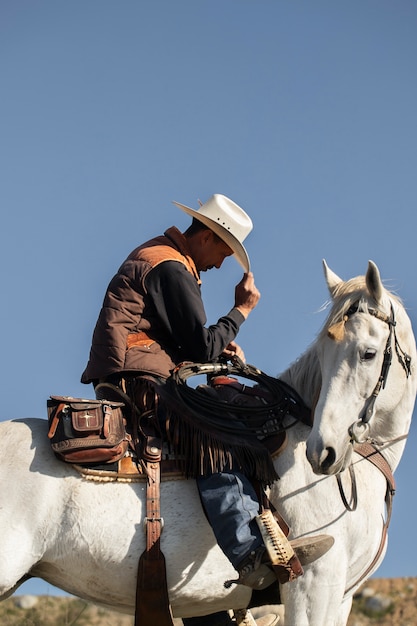 Silhueta de cowboy com cavalo contra luz quente