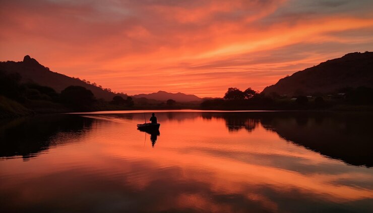 Foto grátis silhueta de dois homens andando de caiaque ao pôr do sol gerado por ia