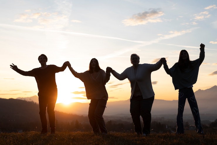 Foto grátis silhueta de família de tiro completo na natureza
