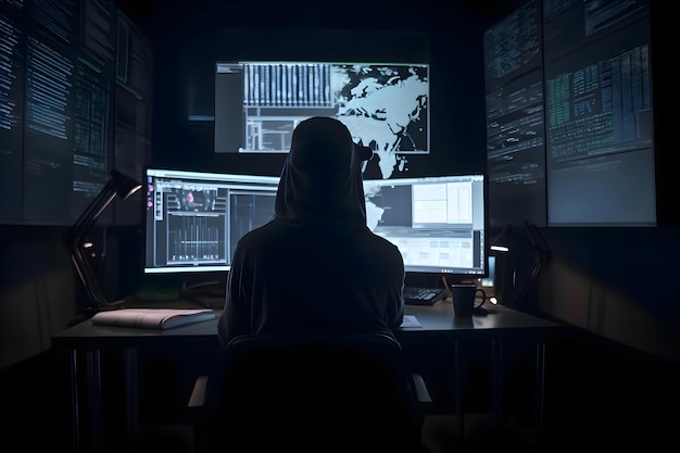 Foto grátis silhueta de hacker em uma sala escura com computadores e telas