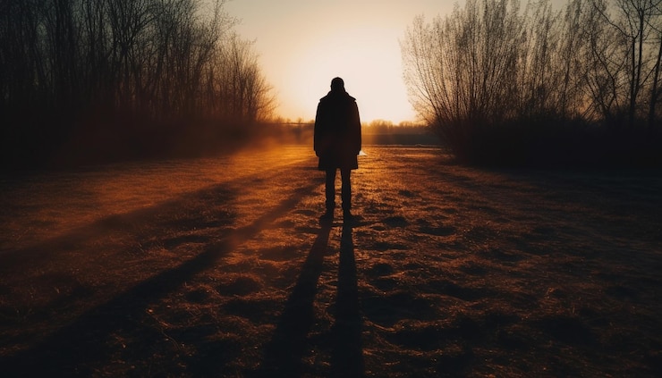 Foto grátis silhueta de homens caminhando ao ar livre ao pôr do sol gerado por ia