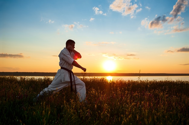 Silhueta de karatê de treinamento esportivo homem em campo ao nascer do sol.