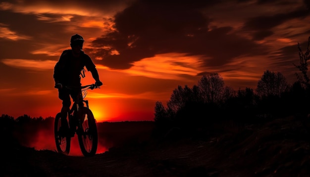 Silhueta de motociclista pedalando na aventura ao pôr do sol gerada por IA