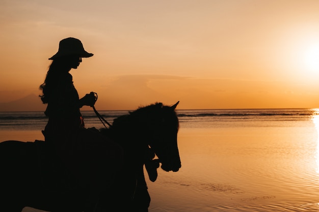 Silhueta de mulher jovem, montando a cavalo na praia durante o pôr do sol colorido dourado perto do mar