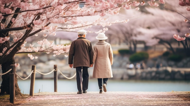 Foto grátis silhueta de um casal de idosos caminhando em um parque de primavera admirando a natureza que desperta