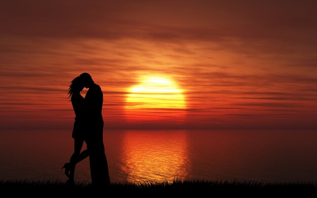 Silhueta de um casal se beijando contra um céu do por do sol