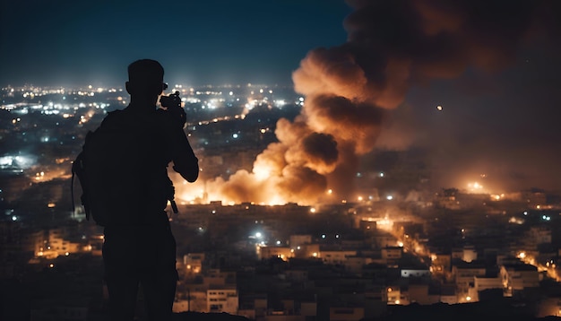 Foto grátis silhueta de um homem com uma câmera contra o fundo de uma cidade à noite