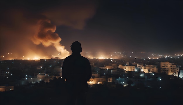 Foto grátis silhueta de um homem de pé em frente a uma cidade em chamas