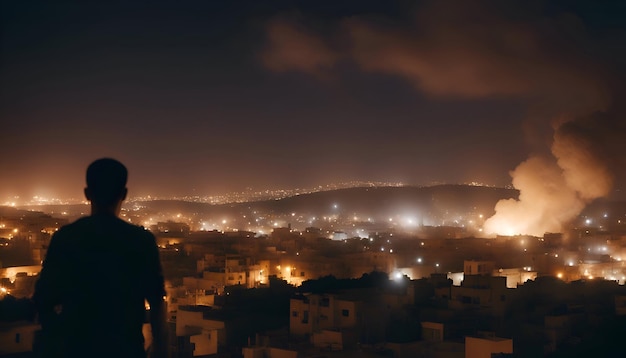 Silhueta de um homem em frente à cidade à noite