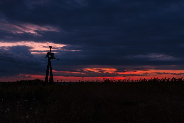 Silhueta de uma estátua de metal em um campo gramado sob o céu nublado de tirar o fôlego durante o pôr do sol