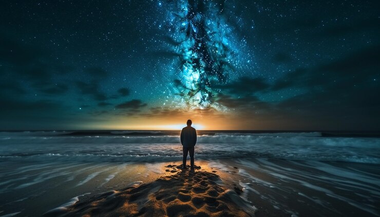 Foto grátis silhueta em pé na praia assistindo ao pôr do sol tranquilo gerado por ia