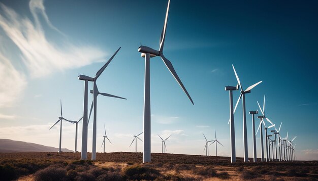 Silhueta girando em energia eólica retroiluminada em azul gerada por IA