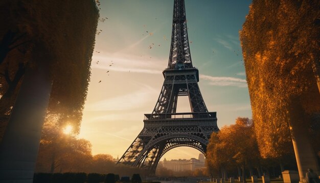 Silhueta majestosa da Torre Eiffel iluminada por trás do pôr do sol gerado por IA