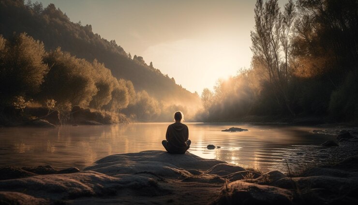 Foto grátis silhueta serena meditando na tranquila montanha de outono gerada por ia