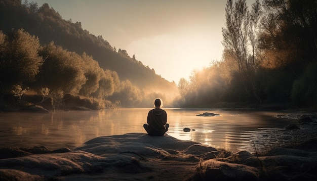 Silhueta serena meditando na tranquila montanha de outono gerada por IA