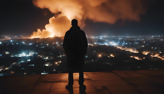 Foto grátis silueta de um homem de pé no telhado e olhando para a cidade à noite