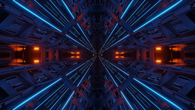Simetria futurista e reflexão fundo abstrato com luzes de néon laranja e azul
