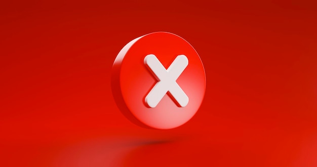 Sinal cruzado errado ou incorreto negativo sem ilustração de ícone de símbolo de ícone de escolha isolada em renderização 3D de fundo vermelho