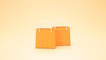 Sinal de banner de pacote de saco de compras mínimo ou conceito de compras de símbolo fundo laranja renderização em 3d