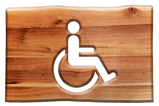 Sinal de madeira com o símbolo de cadeira de rodas