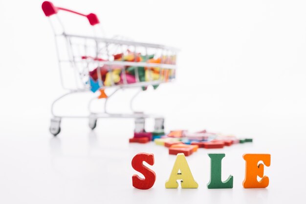 Sinal de venda com vista frontal do carrinho de compras